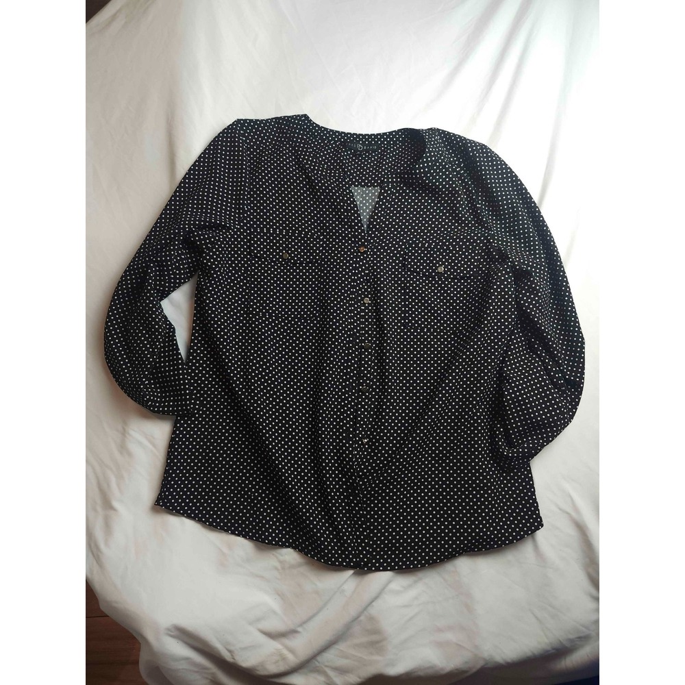 Fred David Blouse Top Womens Size XL‎ Black Polka Dot Button Front Long Sleeve